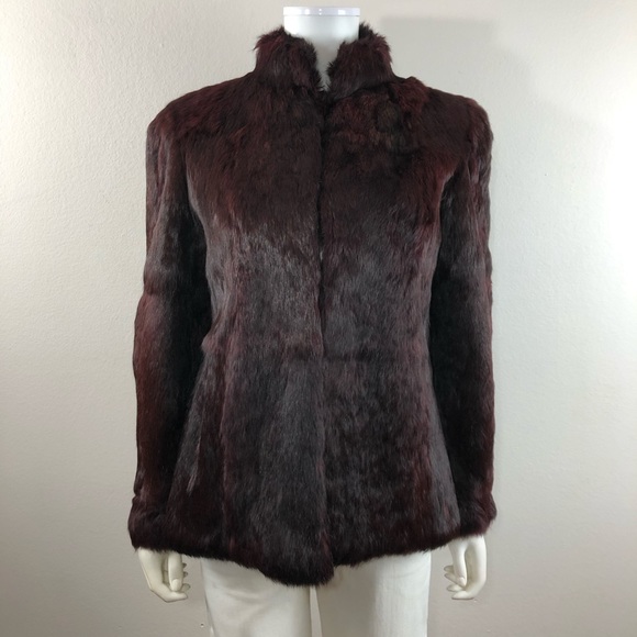 Rabbit Fur Vintage Burgundy Standing Collar Coat - Picture 3 of 10